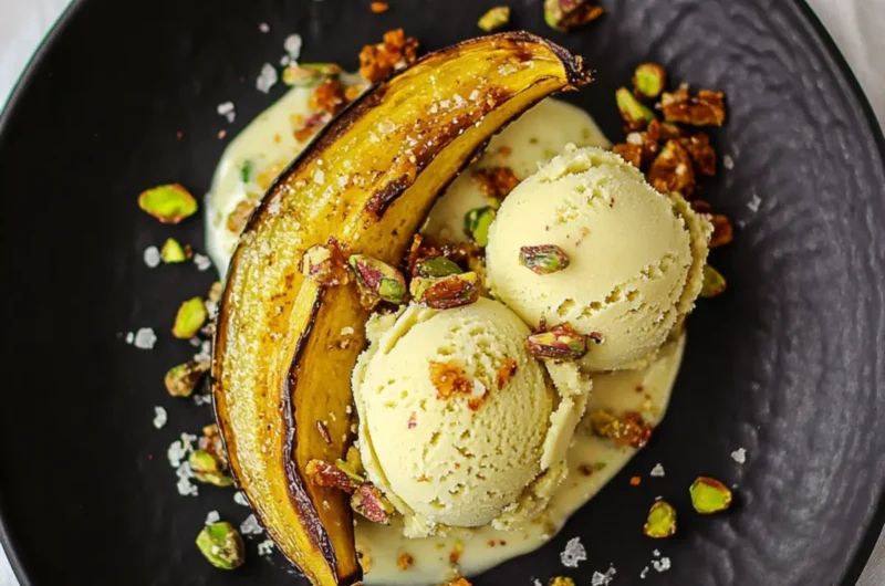Roasted plantain with pistachio ice cream & salted pistachio brittle