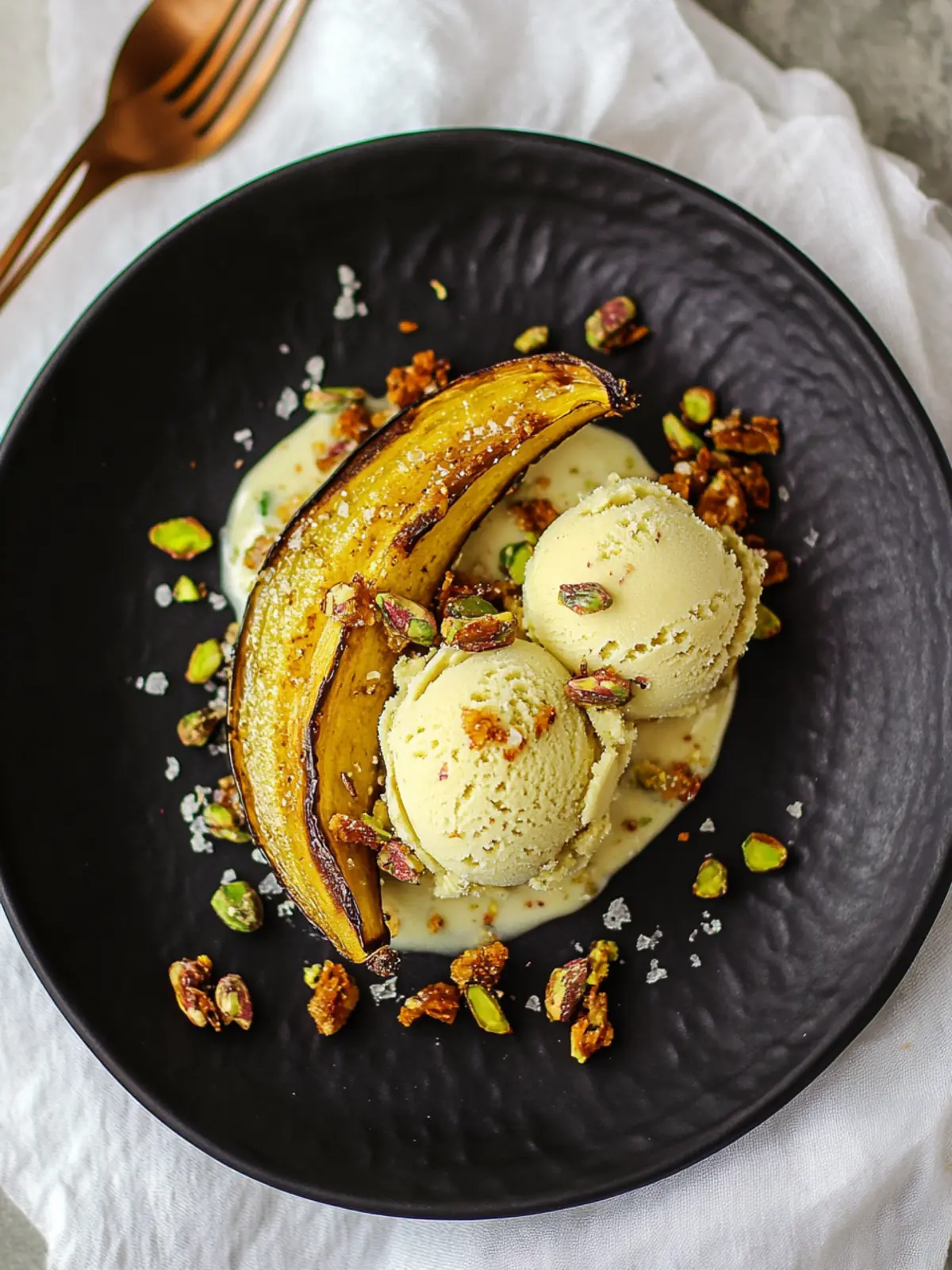 Irresistible Roasted Plantain with Pistachio Ice Cream Treat 5 Roasted plantain with pistachio ice cream & salted pistachio brittle
