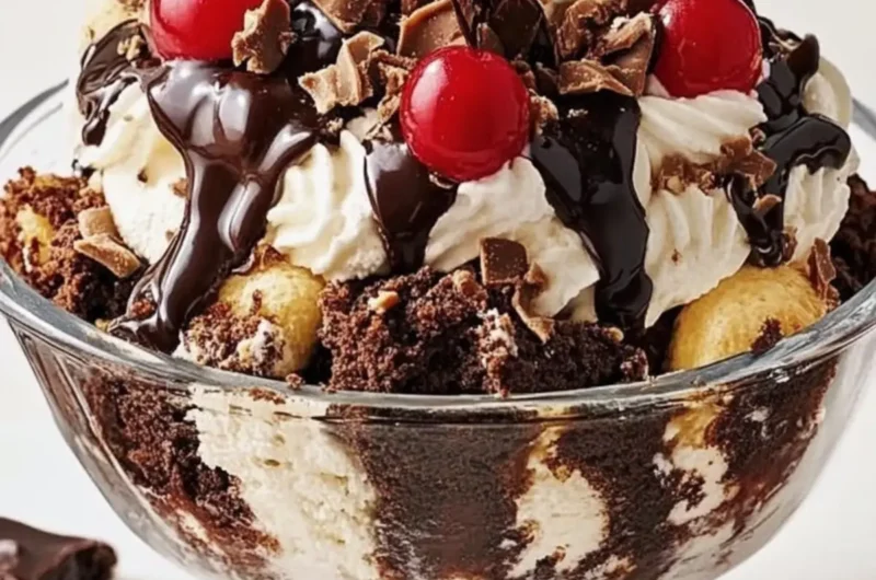 Hot fudge, fudgy brownies, and creamy sundae toppings