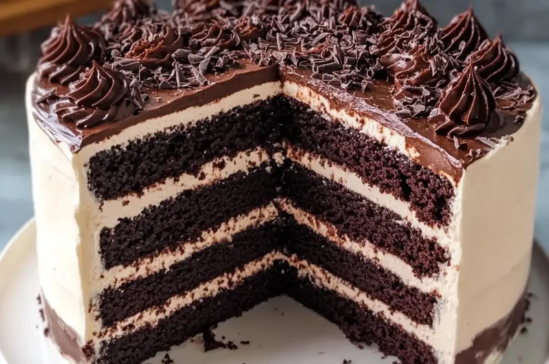 Moist Chocolate Cake with Dark Chocolate Crémeux and Cream Cheese Filling