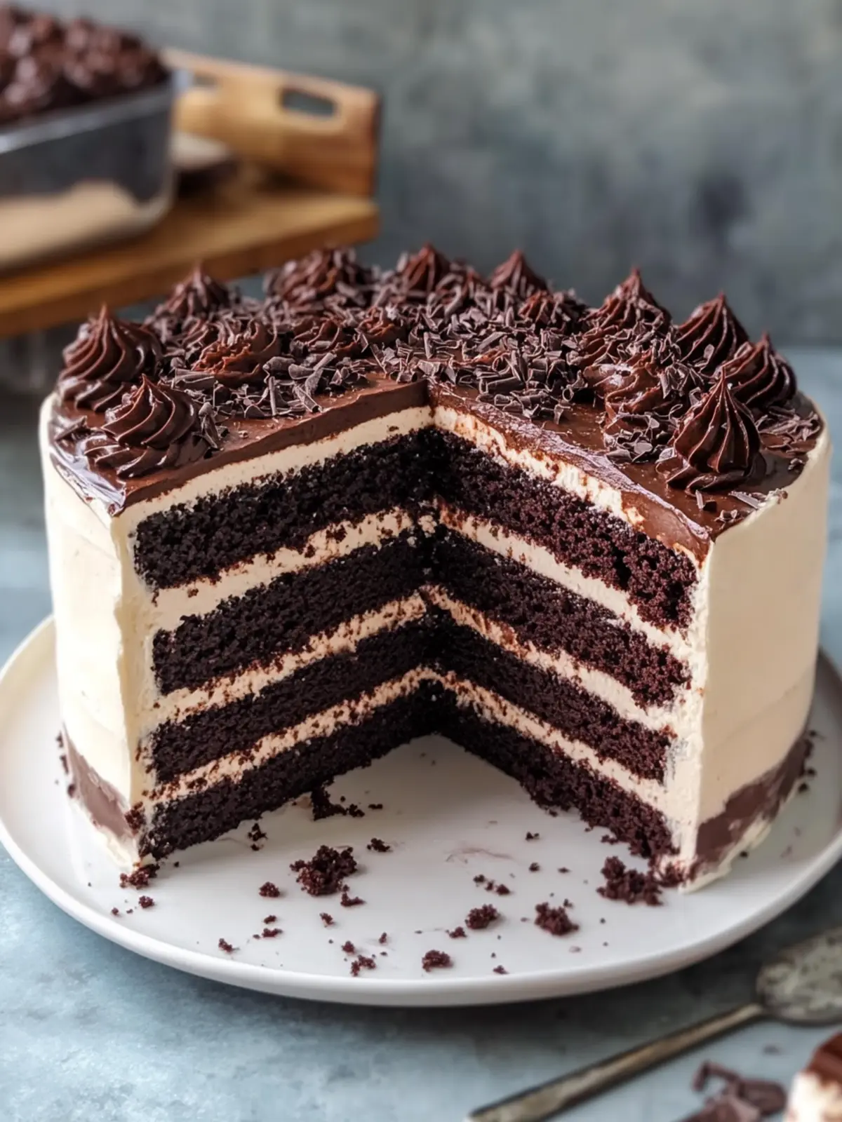 Decadent Moist Chocolate Cake with Dark Chocolate Crémeux Filling 5 Moist Chocolate Cake with Dark Chocolate Crémeux and Cream Cheese Filling