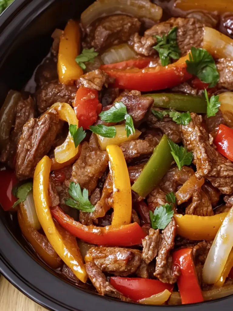 Crockpot Pepper Steak with Juicy Beef, Sweet Peppers, Onions 4 Crockpot Pepper Steak Loaded with Juicy Beef, Sweet Peppers and Onions