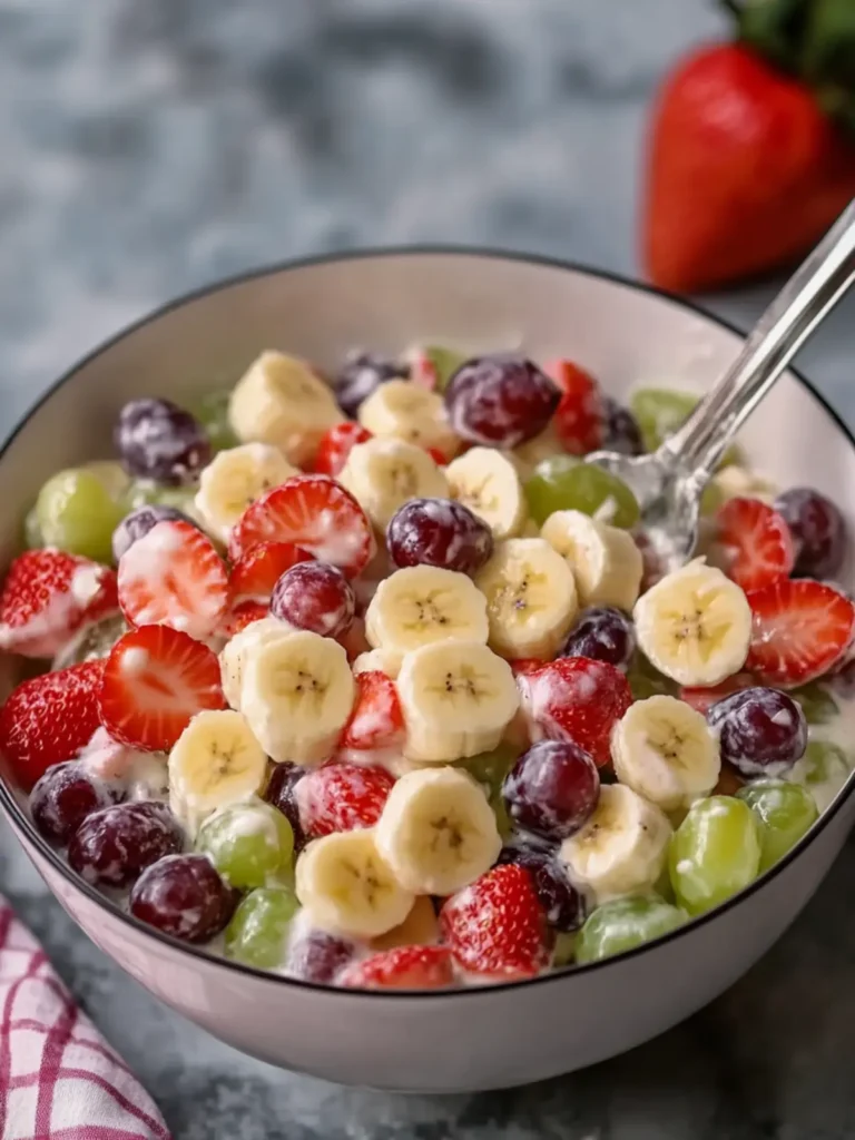 Creamy Strawberry Banana & Grape Fruit Salad Delight! 4 Creamy Strawberry Banana & Grape Fruit Salad