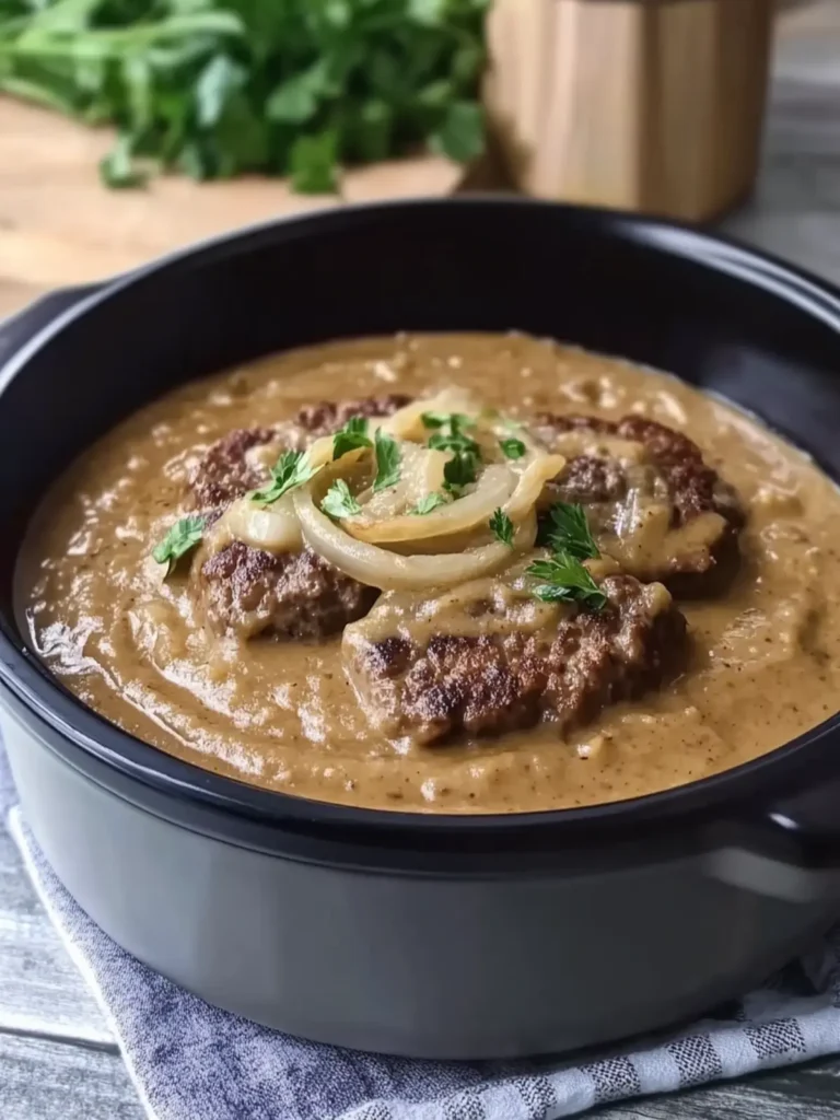 Slow Cooker Hamburger Steak in Creamy Onion Gravy