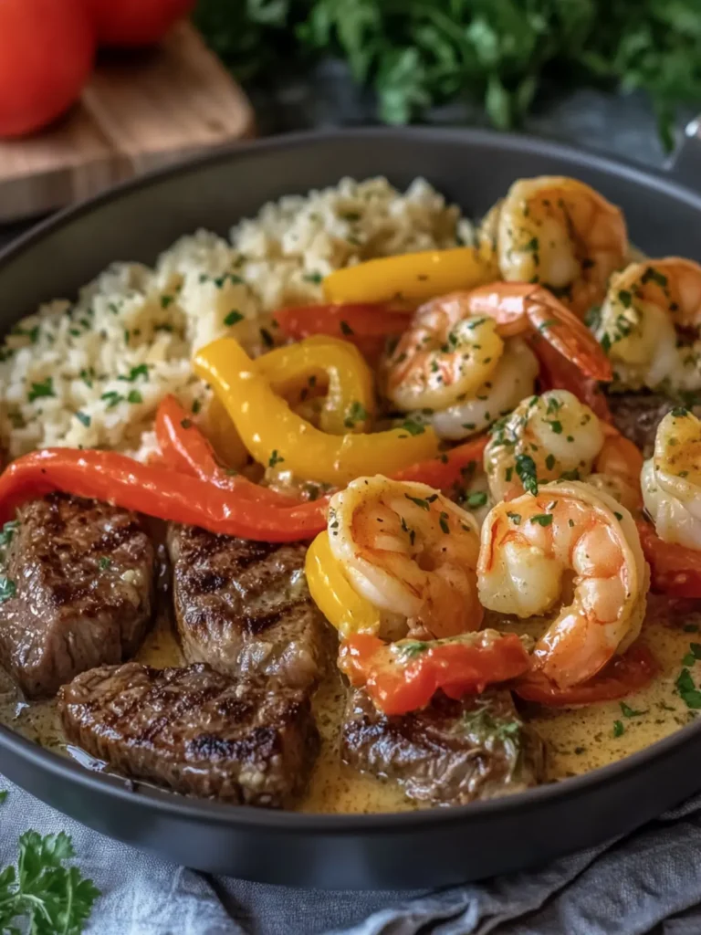 Garlic Butter Steak and Shrimp with Bell Peppers in Creamy Garlic Sauce