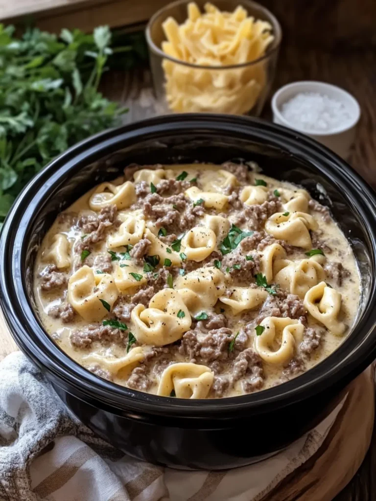Crockpot Creamy Beef & Cheese Tortellini