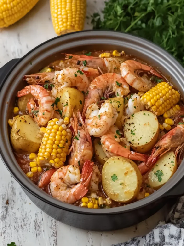 Slow Cooker Garlic Butter Shrimp Boil with Corn and Potatoes