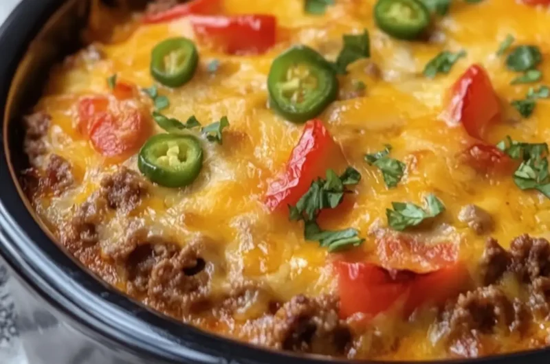 Crockpot Cheesy Beef and Pepper Casserole