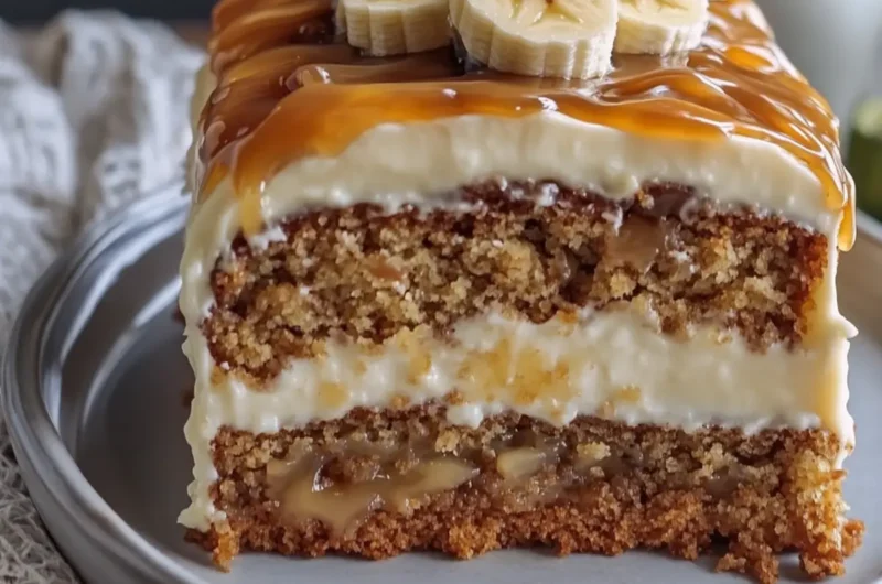 Brown Butter Banana Cake with Vanilla Frosting & Salted Caramel Casserole