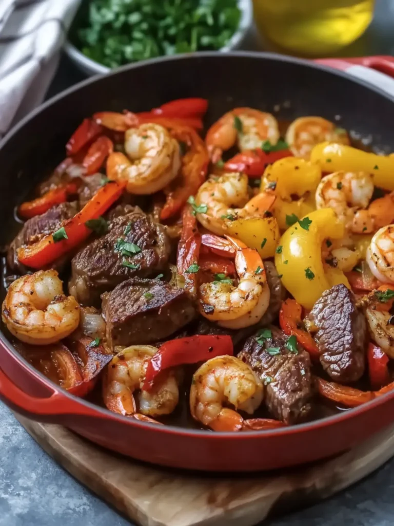 Garlic Butter Steak and Shrimp with Peppers