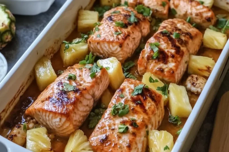 Pineapple Teriyaki Salmon Seafood Bake