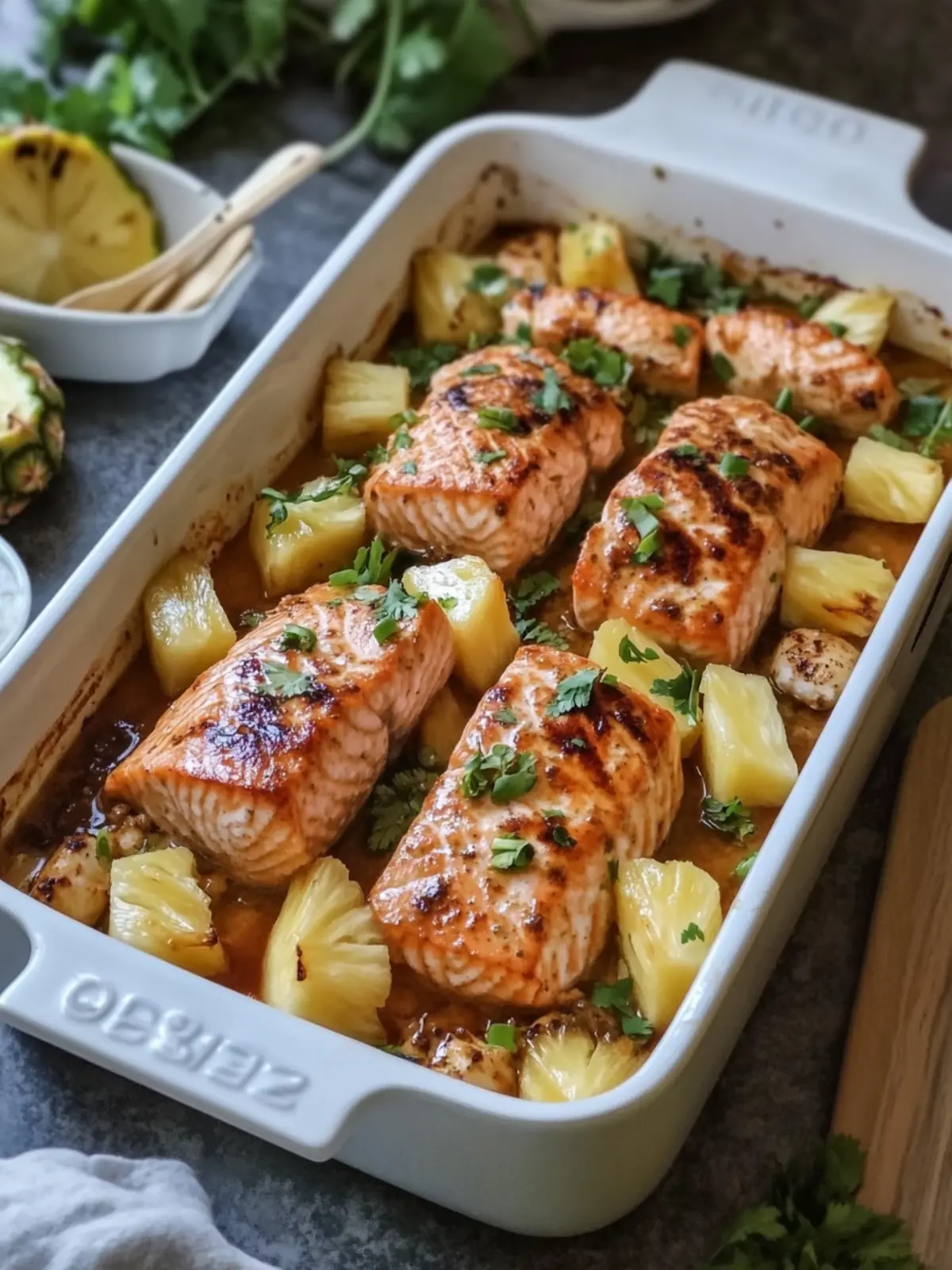 Pineapple Teriyaki Salmon Seafood Bake