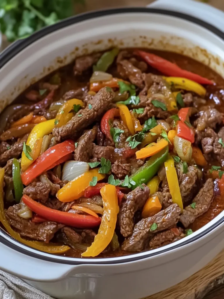 Crockpot Pepper Steak with Juicy Beef, Sweet Peppers, Onions 2 Crockpot Pepper Steak Loaded with Juicy Beef, Sweet Peppers and Onions