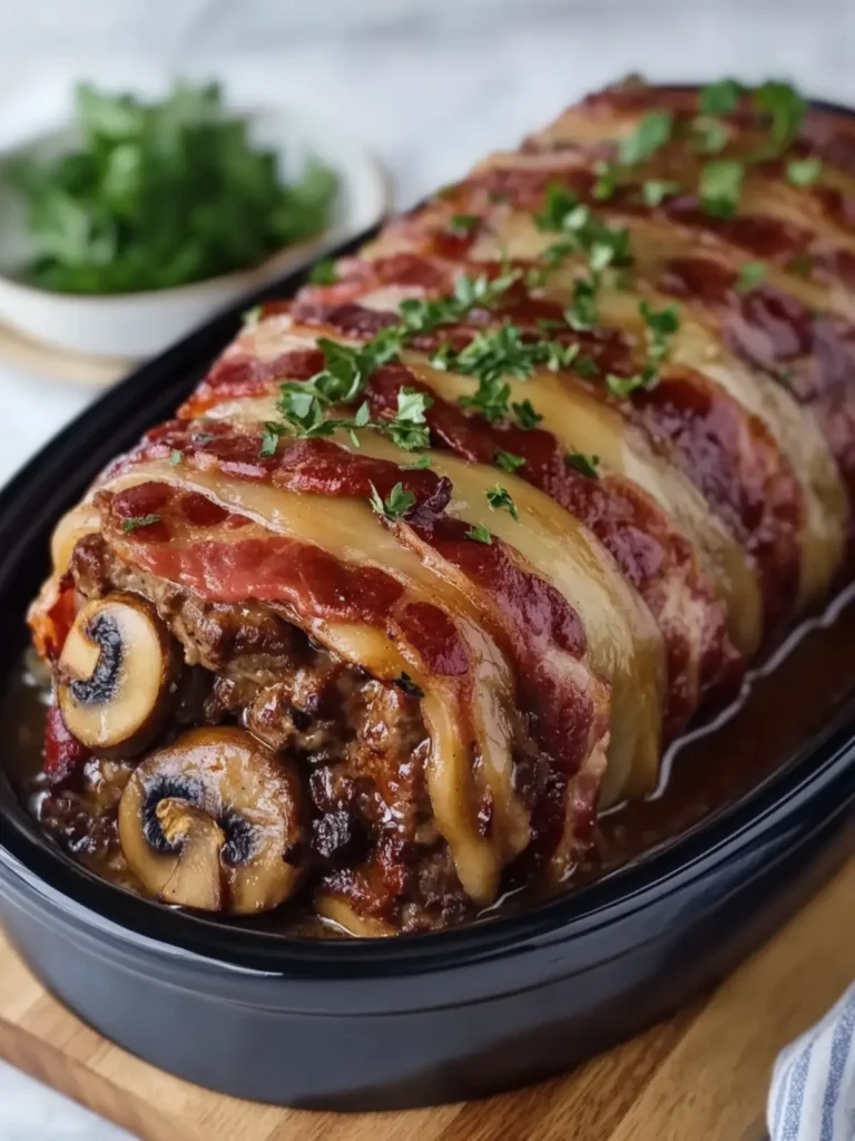 Irresistible Bacon-Wrapped Mushroom Swiss Meatloaf in Crockpot 3 Bacon-Wrapped Mushroom Swiss Meatloaf (Crockpot)