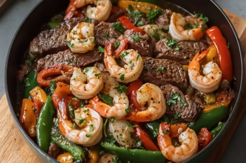 Garlic Butter Steak and Shrimp with Peppers