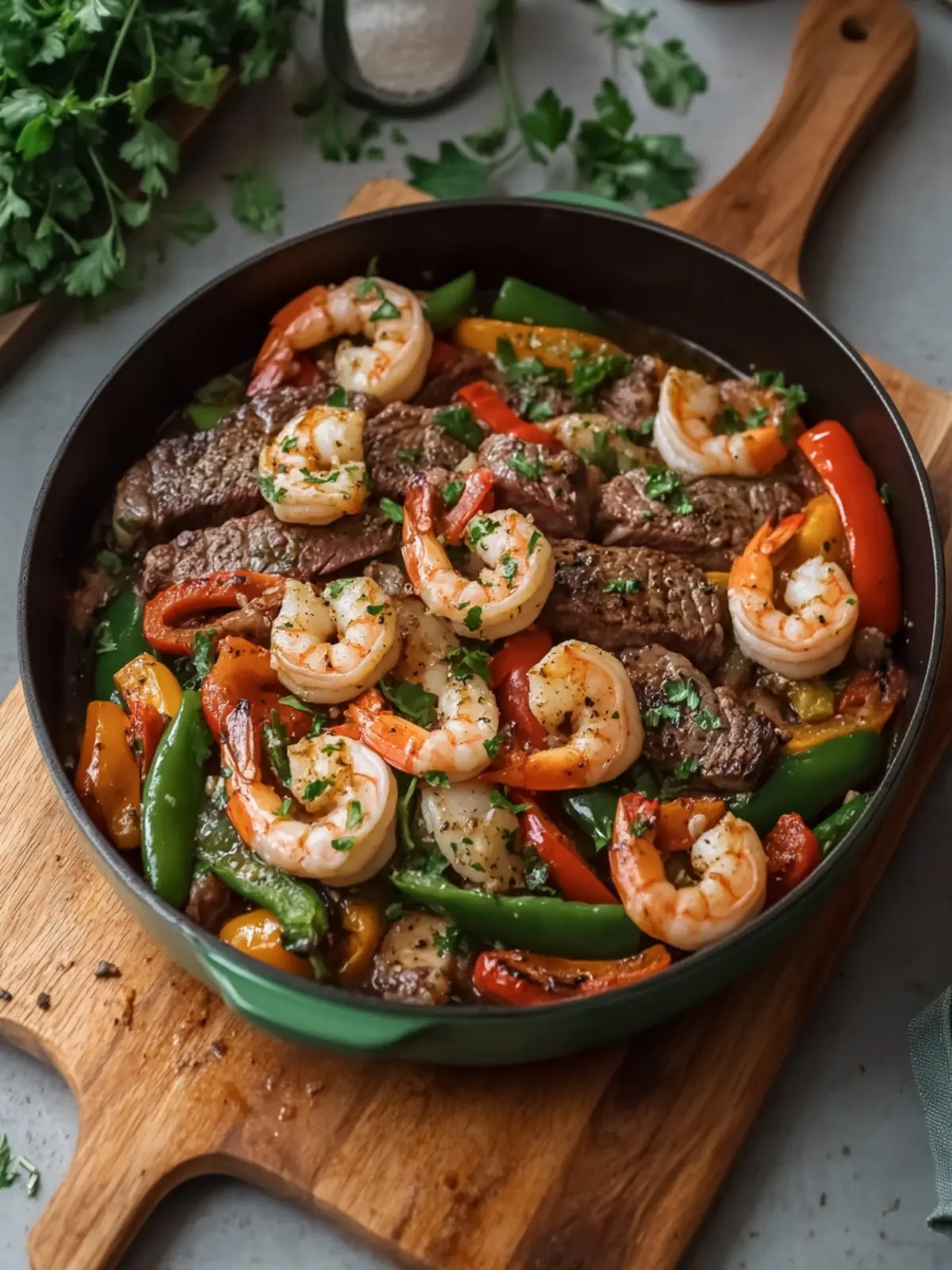 Garlic Butter Steak and Shrimp with Peppers