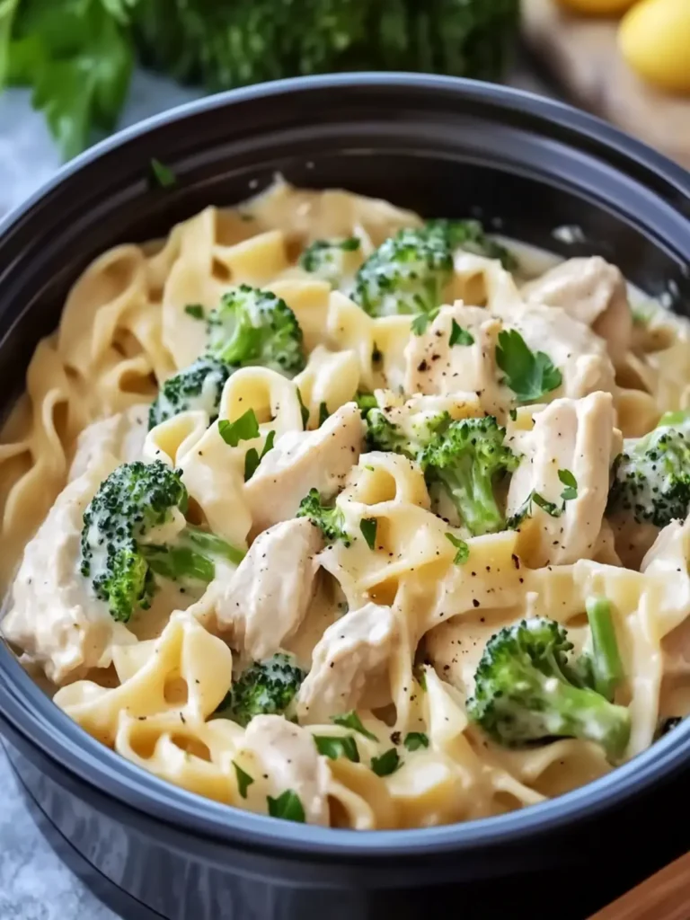 Slow Cooker Creamy Chicken Broccoli Alfredo with Egg Noodles
