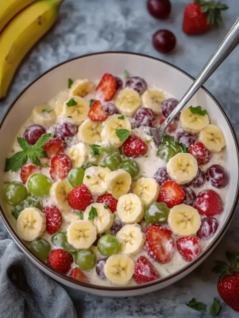 Creamy Strawberry Banana & Grape Fruit Salad Delight! 2 Creamy Strawberry Banana & Grape Fruit Salad