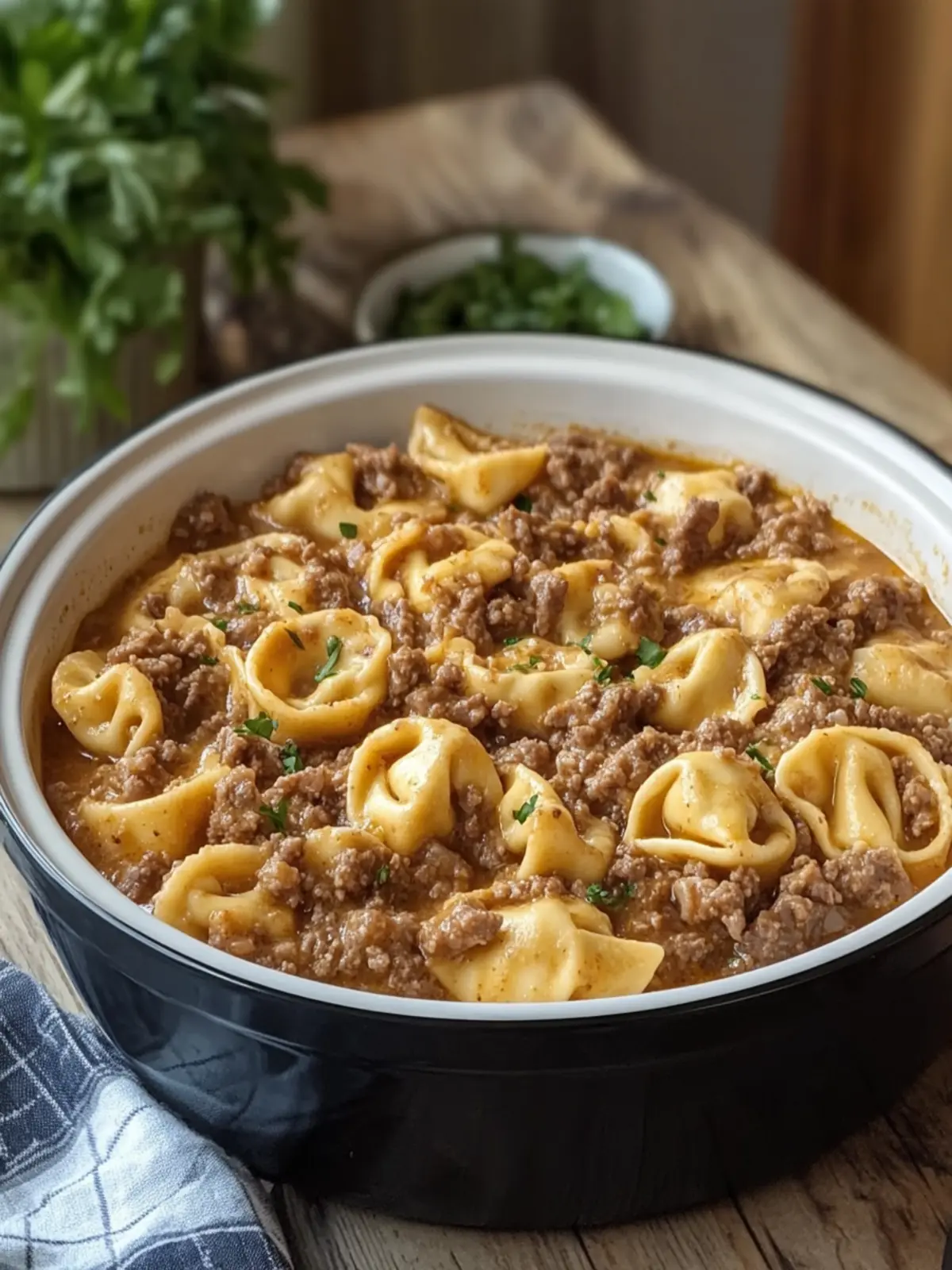 Crockpot Creamy Beef & Cheese Tortellini