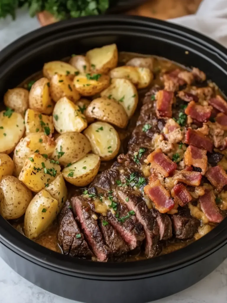 Savory Crockpot Garlic Butter Steak with Loaded Bacon Potatoes 3 Crockpot Garlic Butter Steak with Loaded Turkey Bacon Ranch Potatoes
