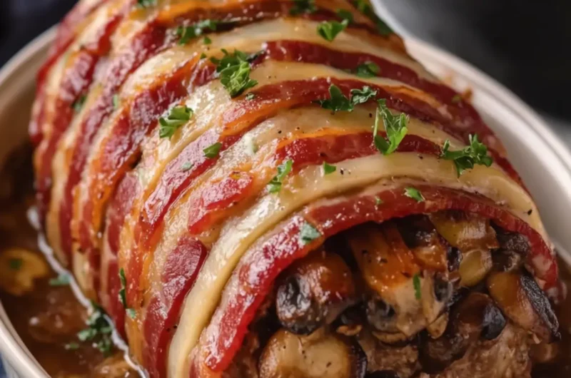 Bacon-Wrapped Mushroom Swiss Meatloaf (Crockpot)