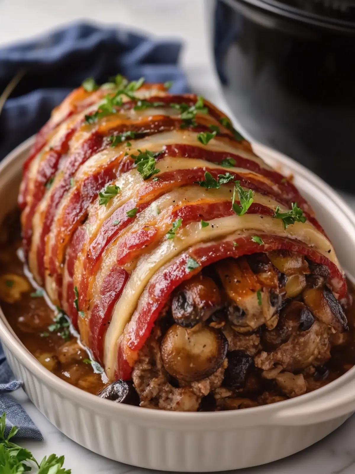 Irresistible Bacon-Wrapped Mushroom Swiss Meatloaf in Crockpot 5 Bacon-Wrapped Mushroom Swiss Meatloaf (Crockpot)