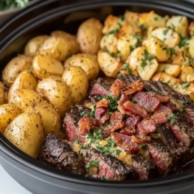 Savory Crockpot Garlic Butter Steak with Loaded Bacon Potatoes