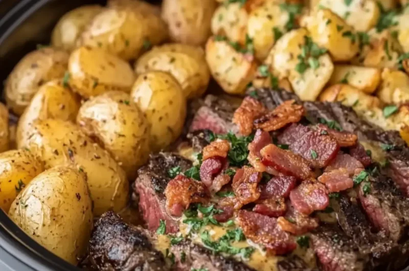 Crockpot Garlic Butter Steak with Loaded Turkey Bacon Ranch Potatoes