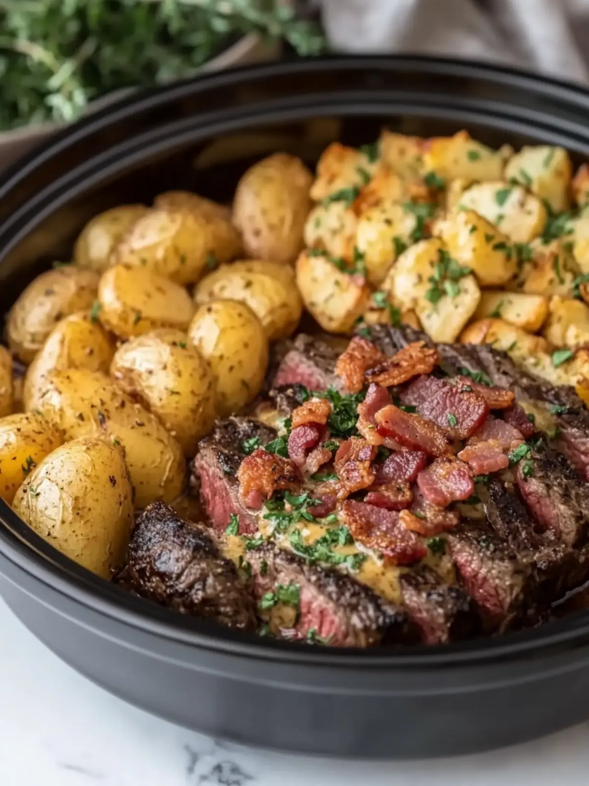 Savory Crockpot Garlic Butter Steak with Loaded Bacon Potatoes 5 Crockpot Garlic Butter Steak with Loaded Turkey Bacon Ranch Potatoes