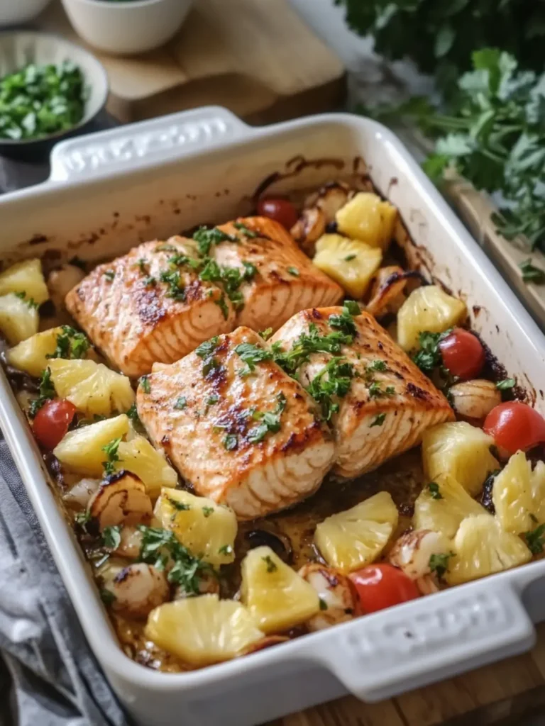 Pineapple Teriyaki Salmon Seafood Bake