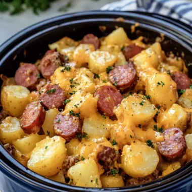 Crockpot Cheesy Potatoes and Beef Kielbasa