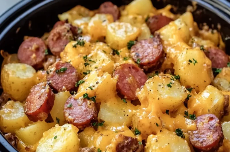 Crockpot Cheesy Potatoes and Beef Kielbasa