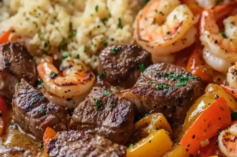 Garlic Butter Steak and Shrimp with Bell Peppers in Creamy Garlic Sauce