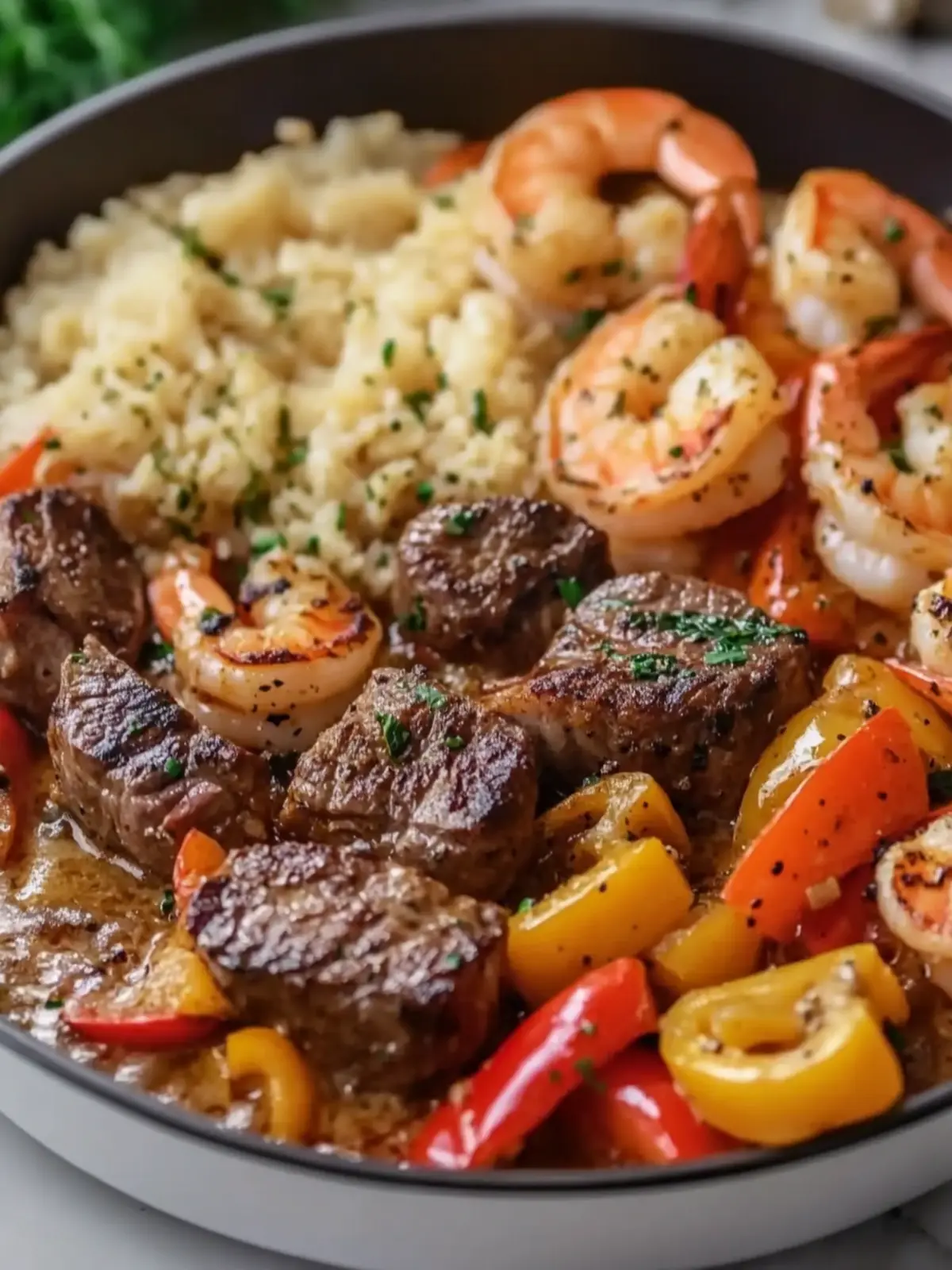 Savory Garlic Butter Steak and Shrimp with Creamy Sauce! 5 Garlic Butter Steak and Shrimp with Bell Peppers in Creamy Garlic Sauce