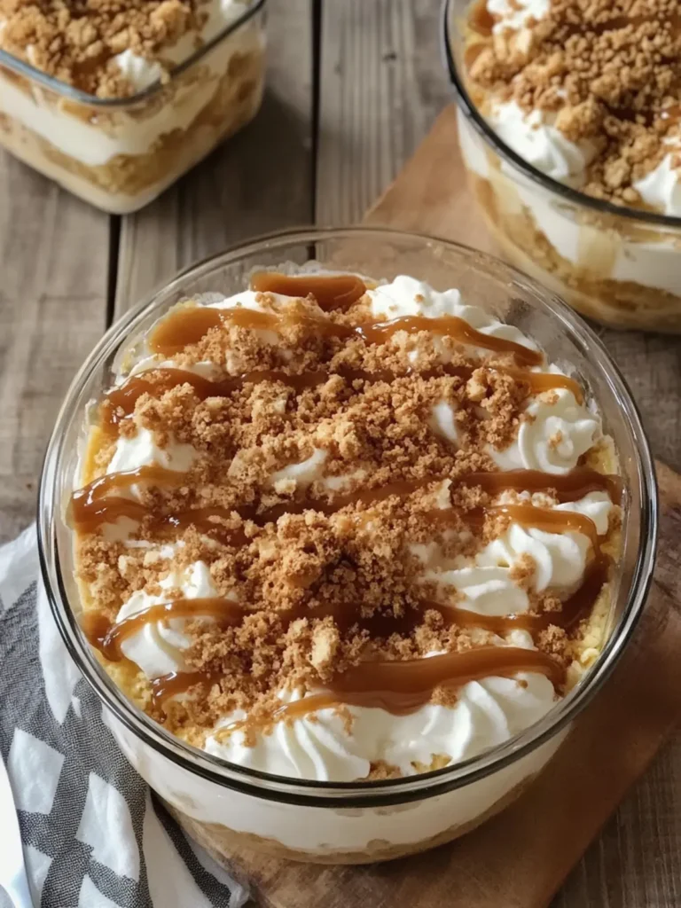 No-Bake Peach Pudding Biscoff Caramel Casserole