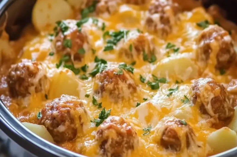 Slow Cooker Cheesy Meatball Potato Bake