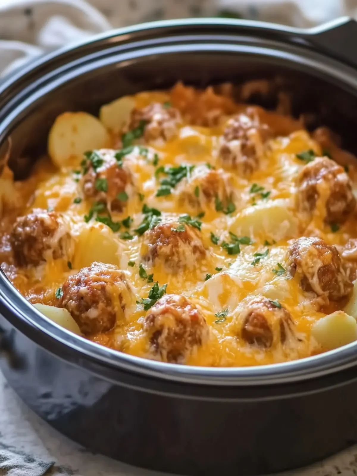 Slow Cooker Cheesy Meatball Potato Bake