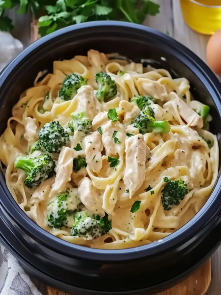 Slow Cooker Creamy Chicken Broccoli Alfredo with Egg Noodles