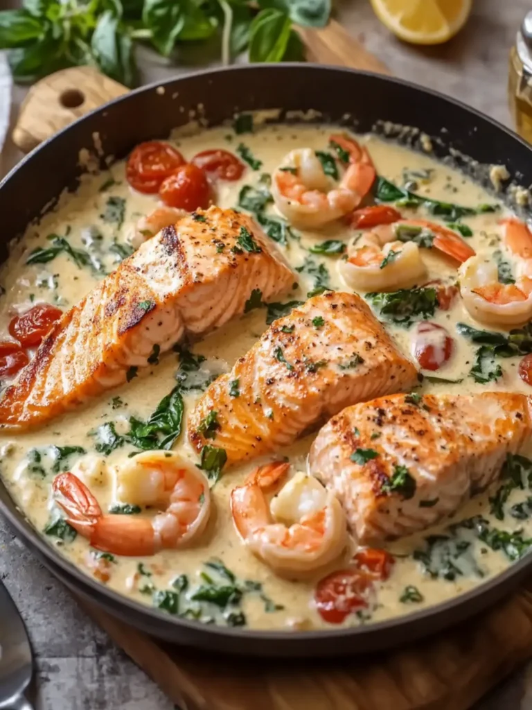 Delicious Tuscan Salmon and Shrimp Cream Skillet Recipe 2 Tuscan Salmon and Shrimp Cream Skillet