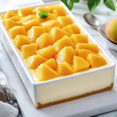 Divine Creamy Mango Cheesecake in a White Rectangular Casserole 16 Creamy Mango Cheesecake in a White Rectangular Casserole