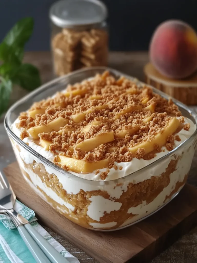 No-Bake Peach Pudding Biscoff Caramel Casserole