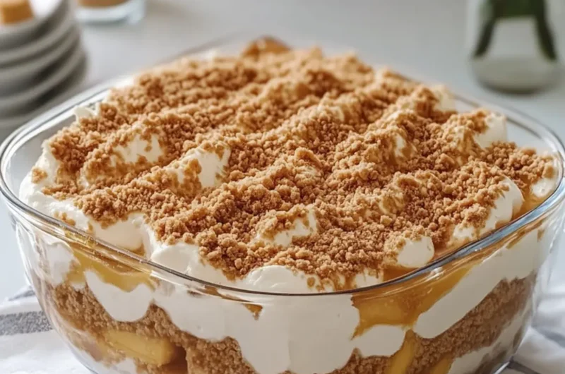 No-Bake Peach Pudding Biscoff Caramel Casserole