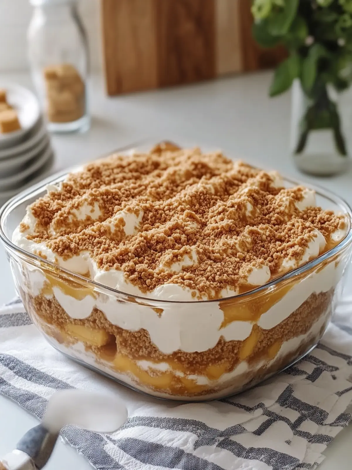 No-Bake Peach Pudding Biscoff Caramel Casserole
