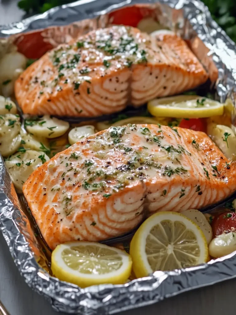 Creamy Garlic Herb Seafood Foil Packs – Easy Salmon Steaks Bliss 4 Creamy Garlic Herb Seafood Foil Packs – Easy Salmon Steaks Delight