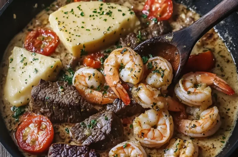 Creamy Garlic Butter Steak and Shrimp Pepper Skillet