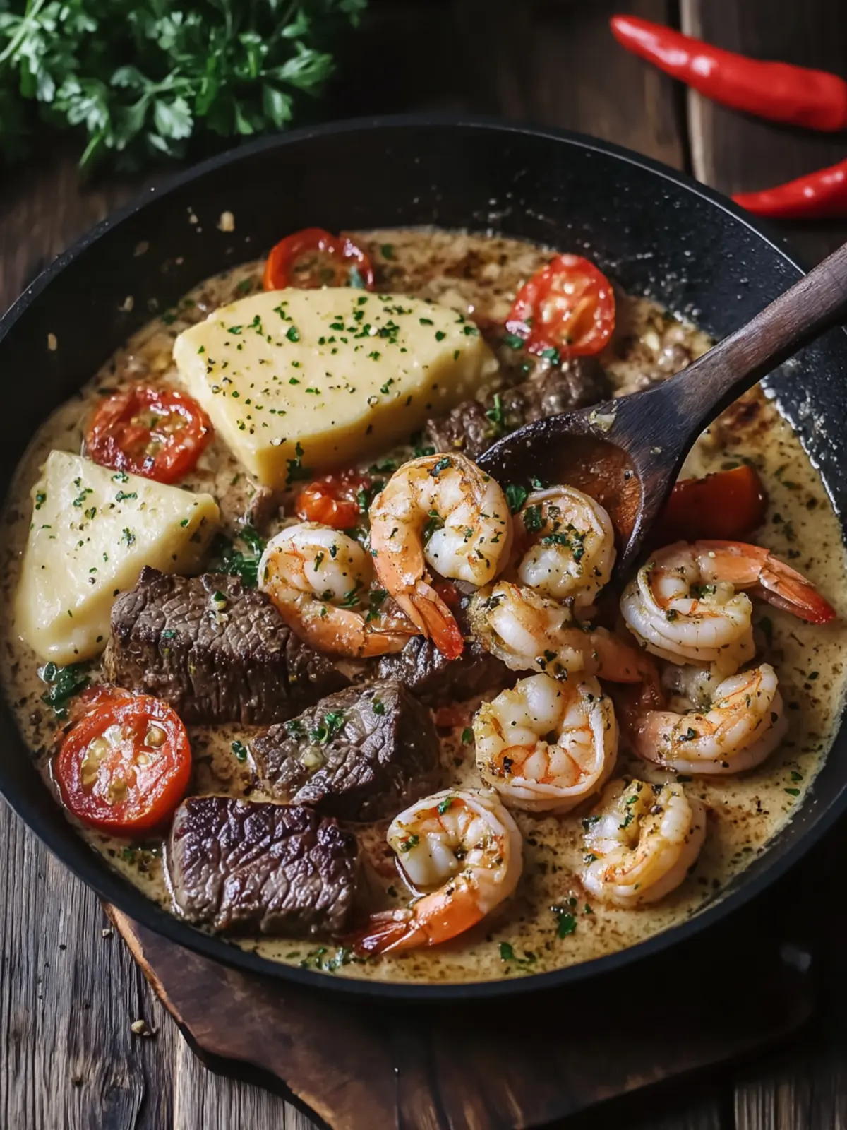 Creamy Garlic Butter Steak and Shrimp Pepper Skillet