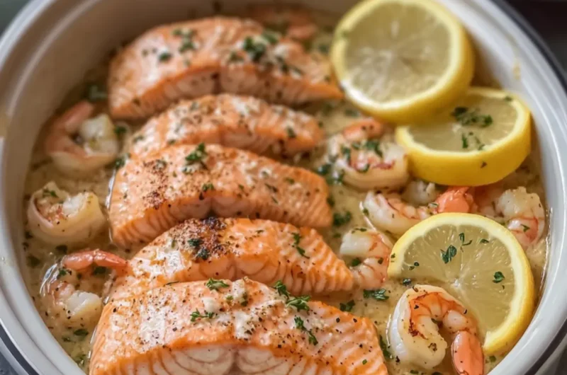 Slow Cooker Salmon & Shrimp Garlic Butter Feast