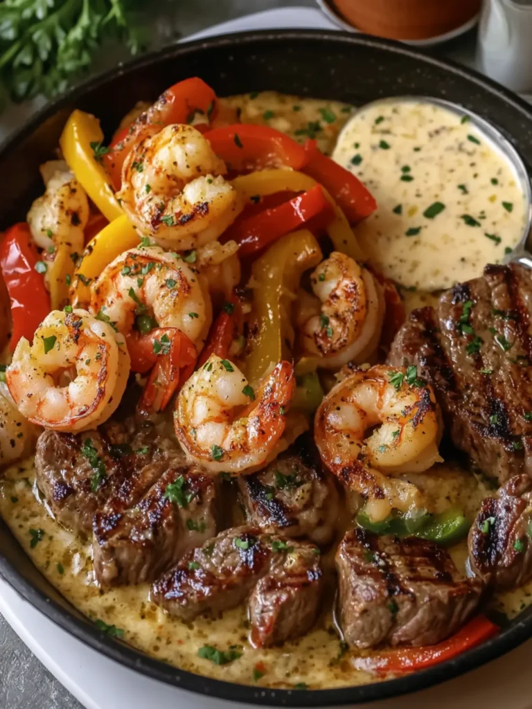Garlic Butter Steak and Shrimp with Bell Peppers in Creamy Garlic Sauce