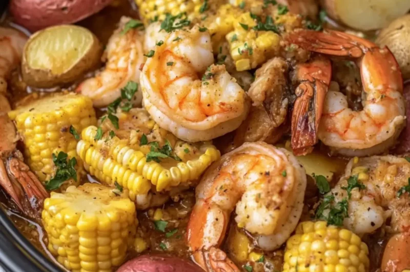 Slow Cooker Garlic Butter Shrimp Boil with Corn and Potatoes