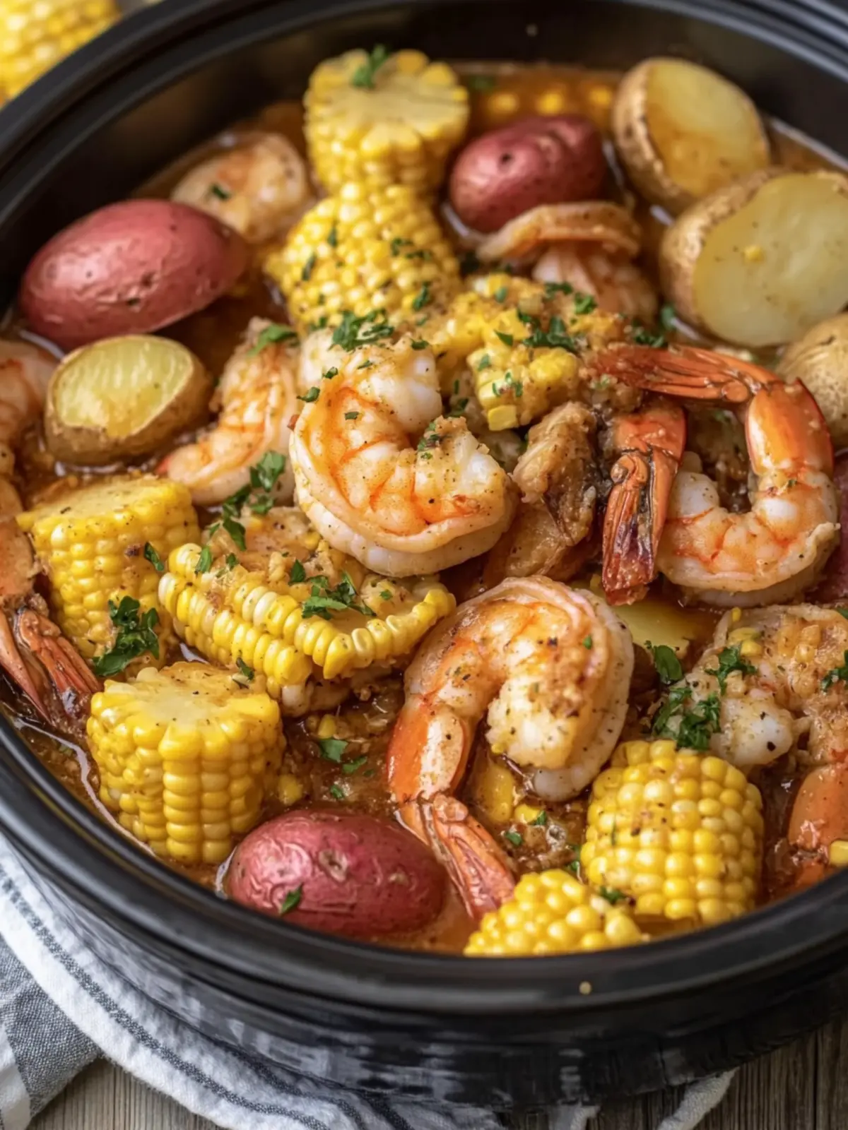 Savory Slow Cooker Garlic Butter Shrimp Boil with Corn & Potatoes 5 Slow Cooker Garlic Butter Shrimp Boil with Corn and Potatoes
